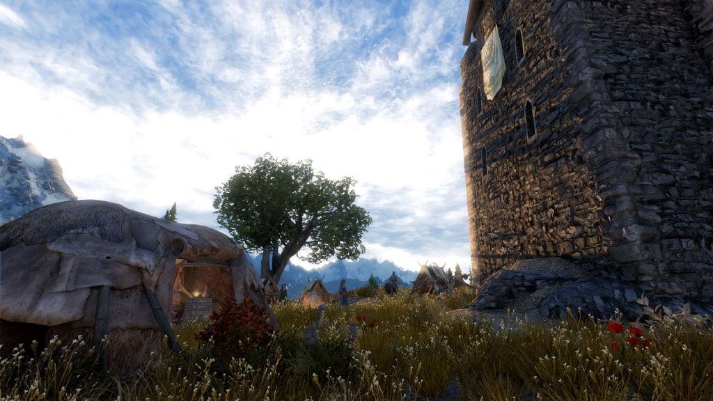 Голубое небо и башня в Skyrim
